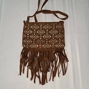 "Justice" Girls Brown Suede Fringe Crossbody Purse with Silver Pattern - NWOT